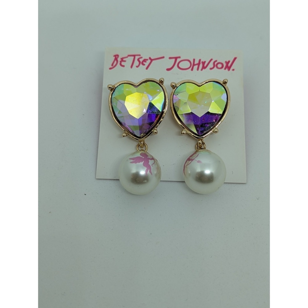 Betsey Johnson Pink Iridescent Heart Faux Pearl Cupid Drop Bling Earrings